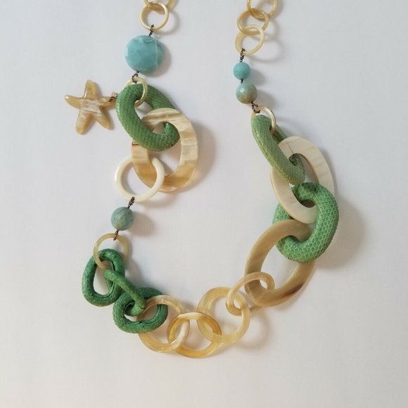 AMLE Italian Long Horn Green Chain Necklace with Python skin - Picture 11 of 16